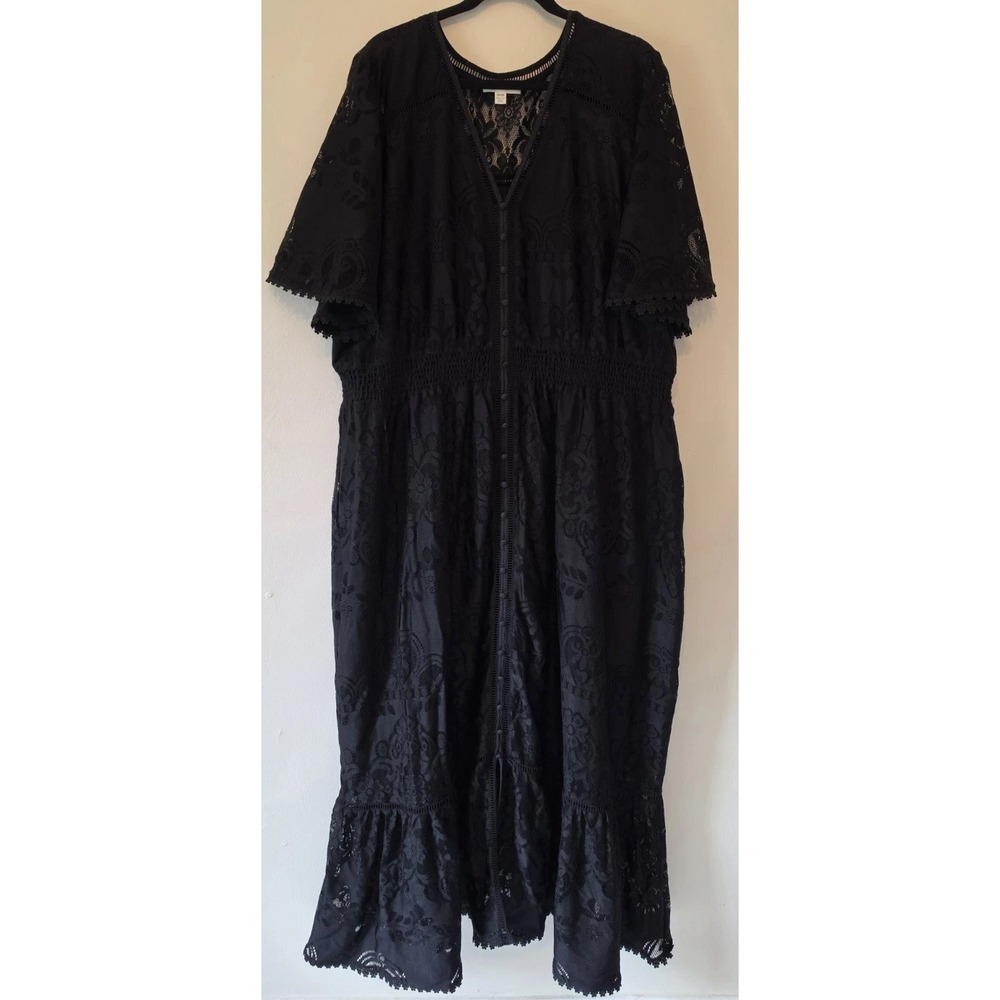 Aveology Women's Black Lace Dress with Short Sleeves and Front Buttons — Size:26